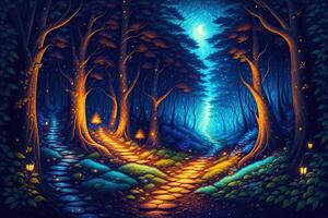 a painting of a path leading into a forest at night fantasy mystical photo
