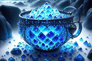 Cauldron made from crystals, deep blue down lighting photo