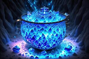 Cauldron made from crystals, deep blue down lighting photo