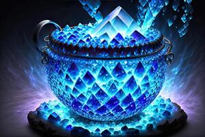 Cauldron made from crystals, deep blue down lighting photo