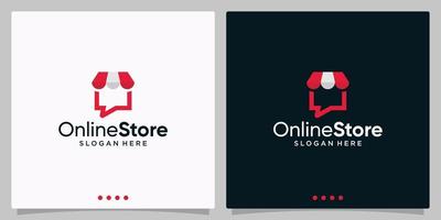 Shopping store logo with chat bubble. Online shop icon simple minimalist logo sign vector illustration. Isolation of objects on a black and white background