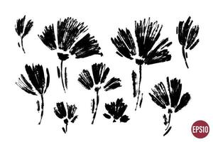 Vector set of ink drawing wild plants, flowers, monochrome artistic botanical illustration, isolated floral elements, hand drawn illustration.