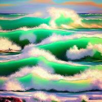 Colorful ocean waves illustration, Colorful sea waves oil painting work, Designed with artificial intelligence, photo