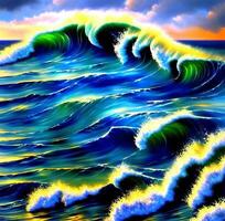 Colorful ocean waves illustration, Colorful sea waves oil painting work, Designed with artificial intelligence, photo