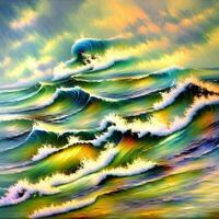 Colorful ocean waves illustration, Colorful sea waves oil painting work, Designed with artificial intelligence, photo