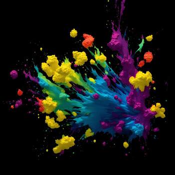Multicolored paint explosion, Paint scattering explosion of colorful clouds, Dust cloud exploding on black background,Designed with artificial intelligence, photo
