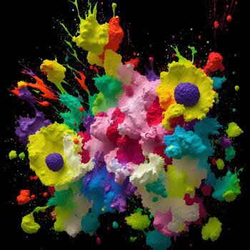 Multicolored paint explosion, Paint scattering explosion of colorful clouds, Dust cloud exploding on black background,Designed with artificial intelligence, photo