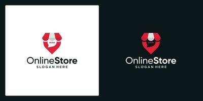 Shopping store logo with chat bubble and pin location. Online shop icon simple minimalist logo design vector illustration. Isolation of objects on a black and white background.