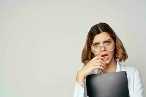 woman in white shirt documents office official professional photo