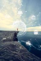 Business global internet connection technology , Financial and banking, Digital link tech, big data.man standing at cliff with virtual icon connecting show connected of world internet network photo