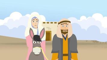 A cartoon illustration of Mary and Joseph traveling to bethlehem video