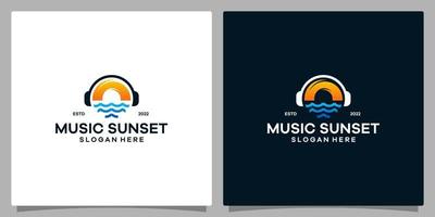 Vector logo design music. Logo headphone with circular sun and sea wave Logo. Premium vector