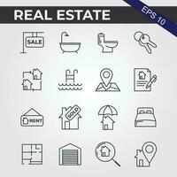 conjunto de iconos de web de delgada línea mínima de bienes raíces. incluyó los íconos como bienes raíces, propiedad, hipoteca, préstamo hipotecario y más. colección de iconos de contorno. ilustración vectorial simple. vector