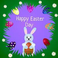 Easter card with a rabbit and colorful eggs surrounded by grass on a purple background, vector illustration