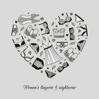 Hand drawn women lingerie and nightwear in heart shape. vector