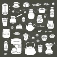 Set of hand drawn coffee, tea and cocoa items. vector