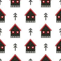 Seamless pattern with Scandinavian houses and fir trees. vector