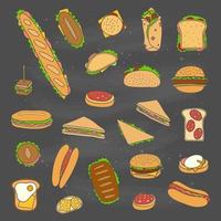 conjunto de sándwiches y hamburguesas dibujados a mano. vector