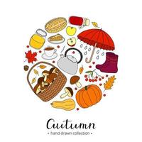 Hand drawn autumn items in circle. vector