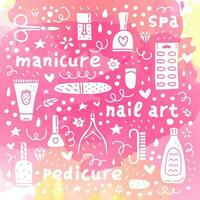 Pink poster with doodle nail salon icons. vector