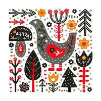 Doodle Scandinavian poster with bird and forest elements. vector