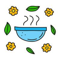 Doodle bowl with flowers and leaves around. vector