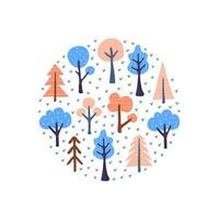 Scandinavian doodle trees in circle. vector