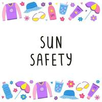 Poster with sun safety icons and lettering. vector