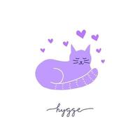 Doodle cat with hearts around and lettering hygge. vector