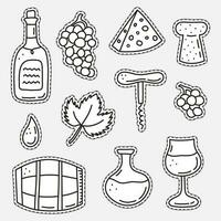 Set of uncolored stickers with wine icons. vector