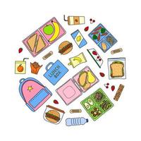 Hand drawn lunch boxes in circle. vector