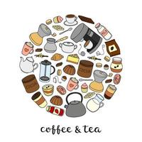 Hand drawn coffee, tea and cocoa items in circle. vector