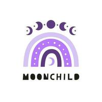 Boho rainbow with lettering moonchild and moon phases, dots, crescent. vector