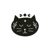 Black boho cat character with moon, leafy branches, stars. vector