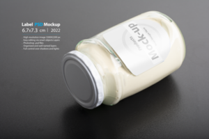 Whey glassy jar with round cap on dark background psd