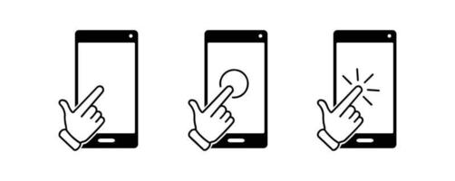 touch screen smartphone icon set, hand touch screen Mobile phone, click, Vector illustration.Set of hand touch screen smartphone icons, click. Hand click, press touch screen.