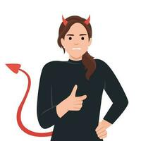 Young woman with horns and devil tail screams and points with finger, scolding and threatening opponent. vector