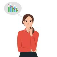 Woman think about stock down trend. Stock market crash, crypto price fall, loss money from financial crisis or wrong speculation of trading concept vector