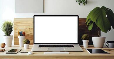 moderno espacio de trabajo con blanco pantalla computadora portátil, blanco marco - ai generado imagen foto
