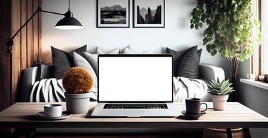Modern workspace with blank screen laptop, white frame - AI generated image photo
