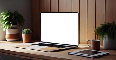 Modern workspace with blank screen laptop, white frame - image photo