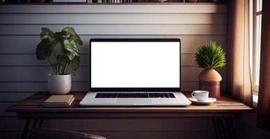 Modern workspace with blank screen laptop, white frame - image photo