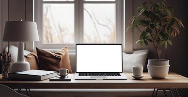 Modern workspace with blank screen laptop, white frame - image photo