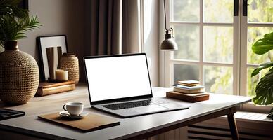 Modern workspace with blank screen laptop, white frame - image photo