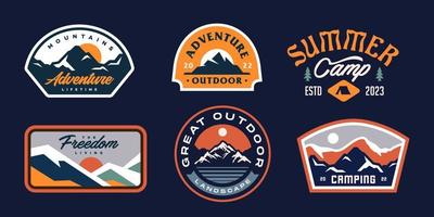 mountain adventure hipster badges. Set of Vintage Outdoor mountains Summer Camp Logo Patches. vector emblem designs. Great for shirts, stamps, stickers logos and labels.