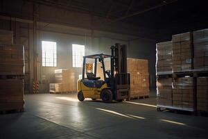 Forklift for loading pallets with packages in warehouse interior. Commercial distribution warehouse with shelves and boxes. Created with photo