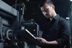 Engineer with tablet computer at factory workplace. Industrial worker controls operation of robotic production line. Created with photo