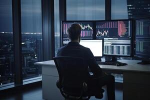 Trader at workplace analising stock exchange graphs. photo