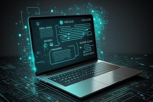 Digital data and network connection on laptop screen. Big data analysis. Network information and data protection concept. Created with photo