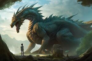 Man stands in front of huge dragon, fantasy world. photo